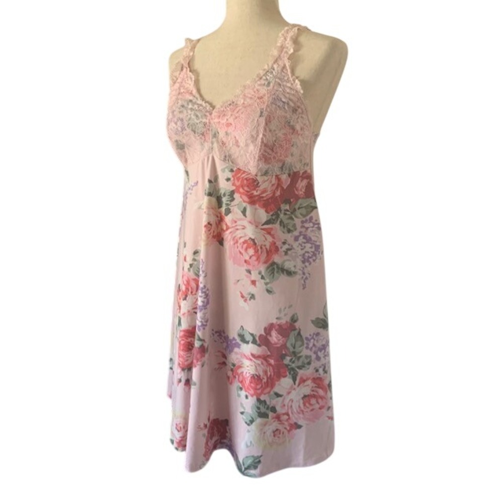 Flora Nikrooz Babydoll Pink Floral Nightgown L Lace Trim Cottagecore Dress EUC